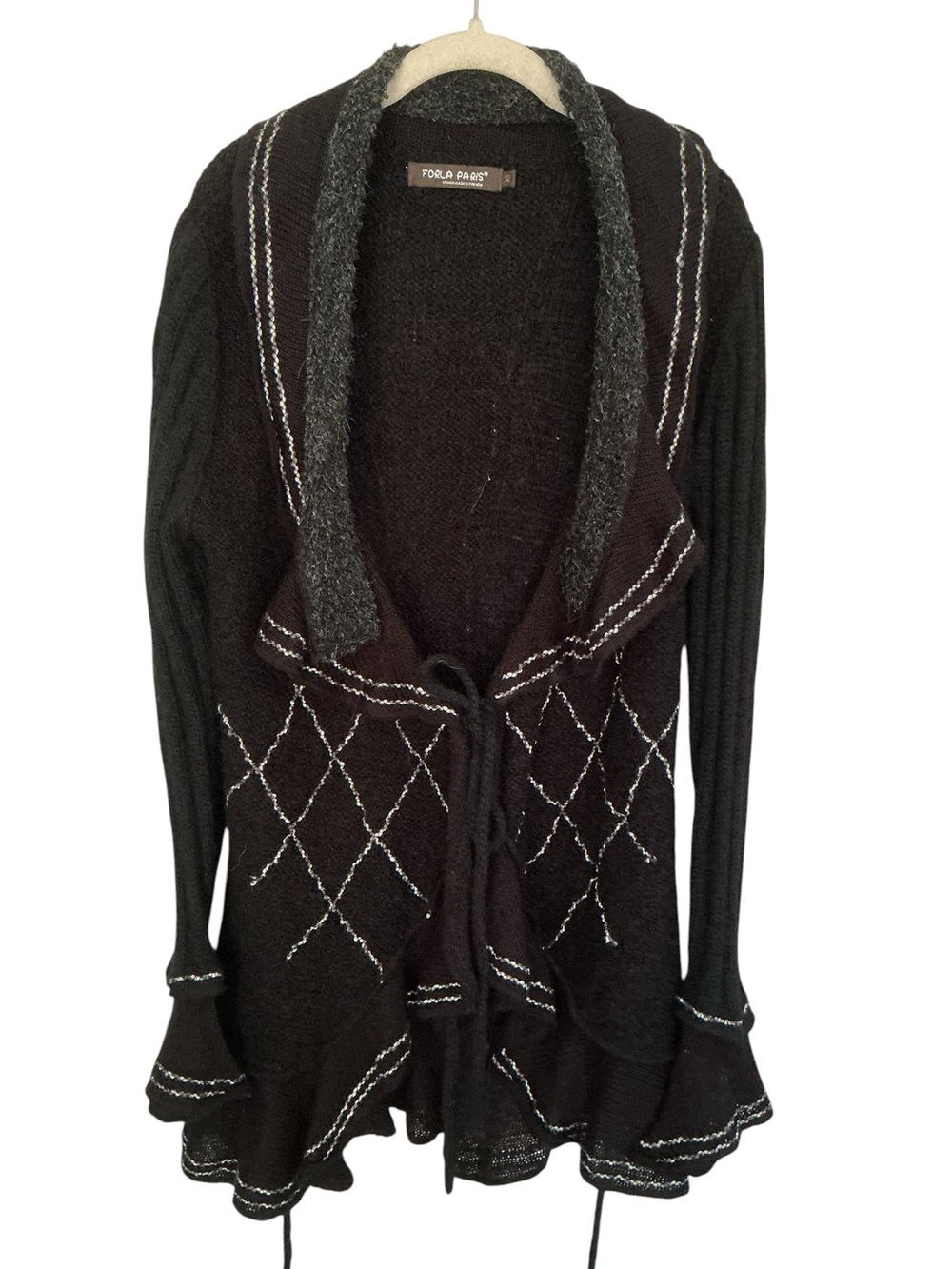 Forla Paris Charcoal Grey Embellished Ruffle Cardigan Sweater
